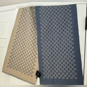 Gucci GG Wool Scarf – Beige / Light Blue (Reversible)